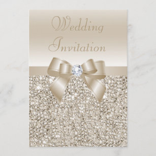 Wedding Champagne Sequins, Bow & Diamond Invitation