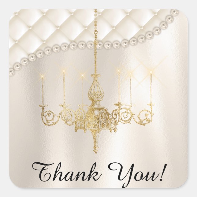 Wedding Chandelier Lighting Satin Ivory Thank You Square Sticker (Front)