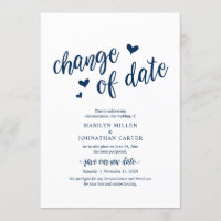 Wedding, Change of date, Navy blue, Announcement