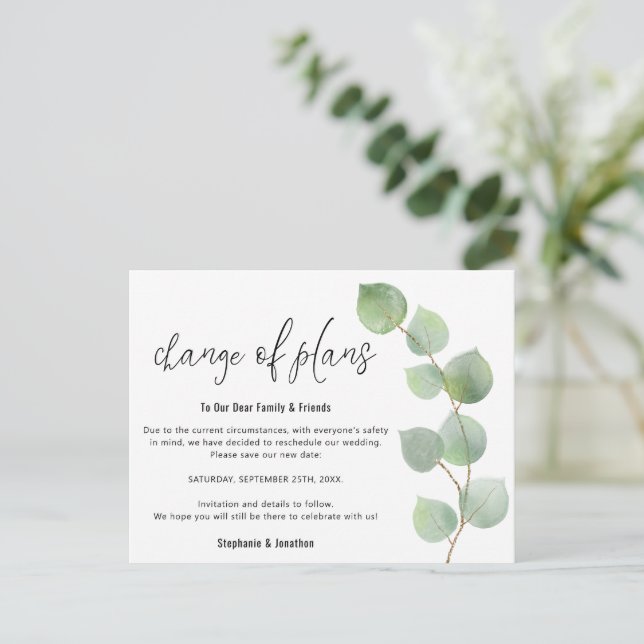 Wedding Change of Date Script Eucalyptus Announcement Postcard (Standing Front)