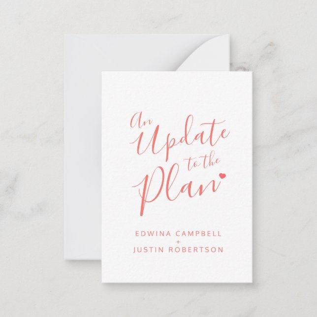 Wedding change of plan coral white cancellation card (Front)