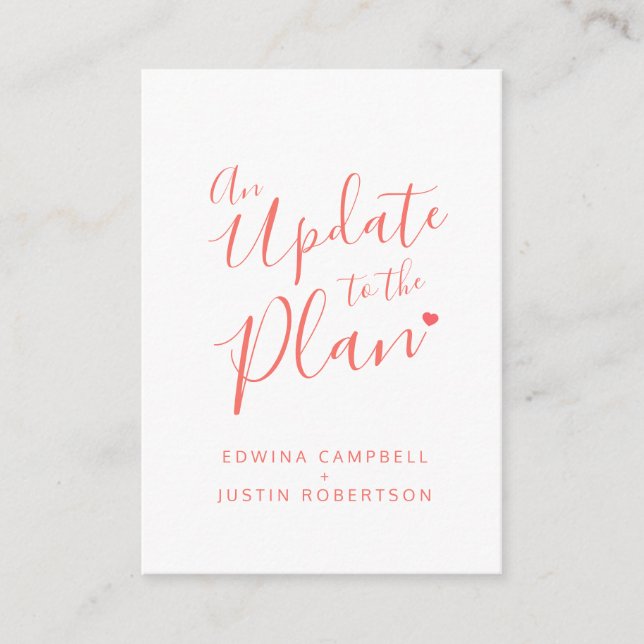 Wedding change of plan coral white cancellation enclosure card (Front)