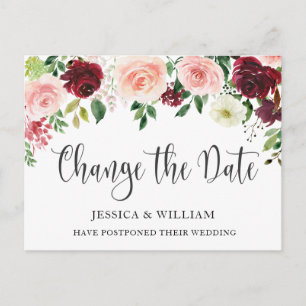 Wedding Change the Date Blue Blush Roses Postcard