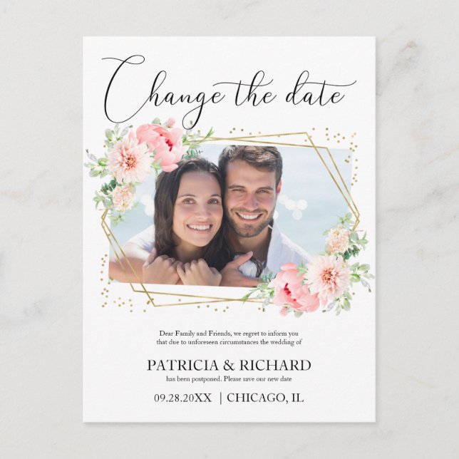 Wedding  Change The Date Blush Floral Photo Postcard (Front)