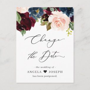 Wedding Change the Date Burgundy Blush Navy Floral Postcard