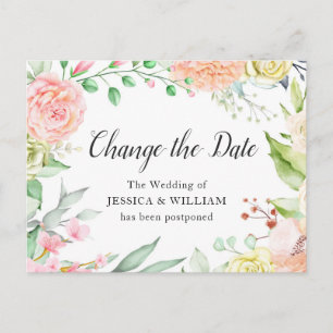 Wedding Change the Date Elegant Blush Roses Postcard