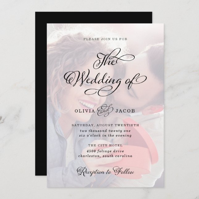 Wedding Charm | Black and White Calligraphy Photo Invitation (Front/Back)