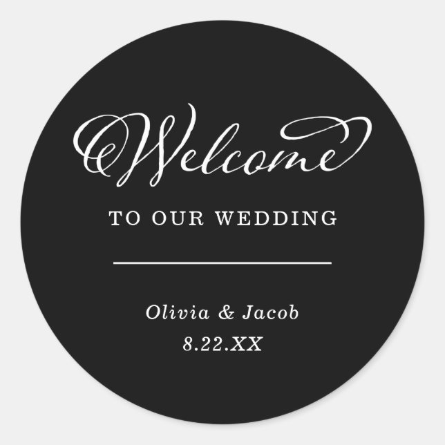 Wedding Charm | Black Calligraphy Welcome Classic Round Sticker (Front)