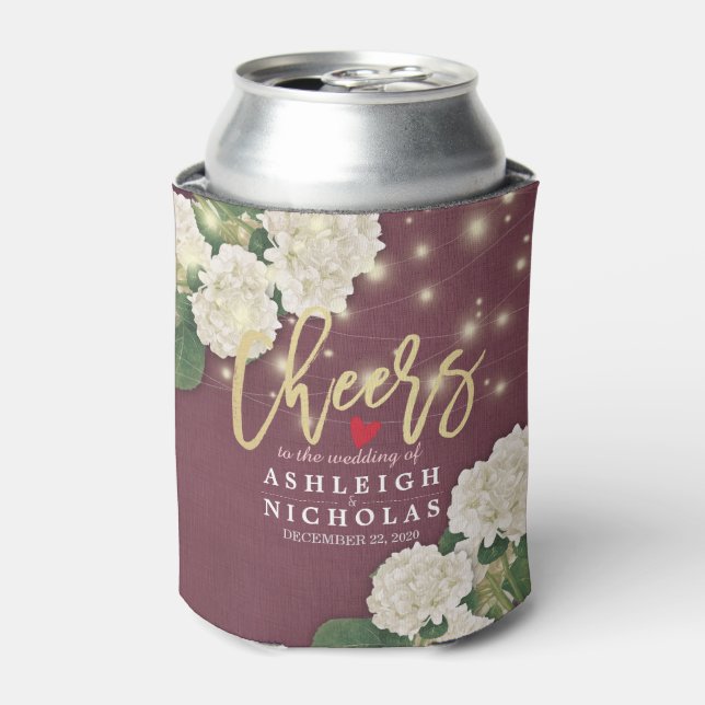 Wedding Cheers to Love Chic Hydrangea String Light Can Cooler (Can Front)