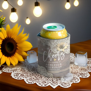 Wedding Cheers to Love Wood Lace Sunflowers Lights Can Cooler