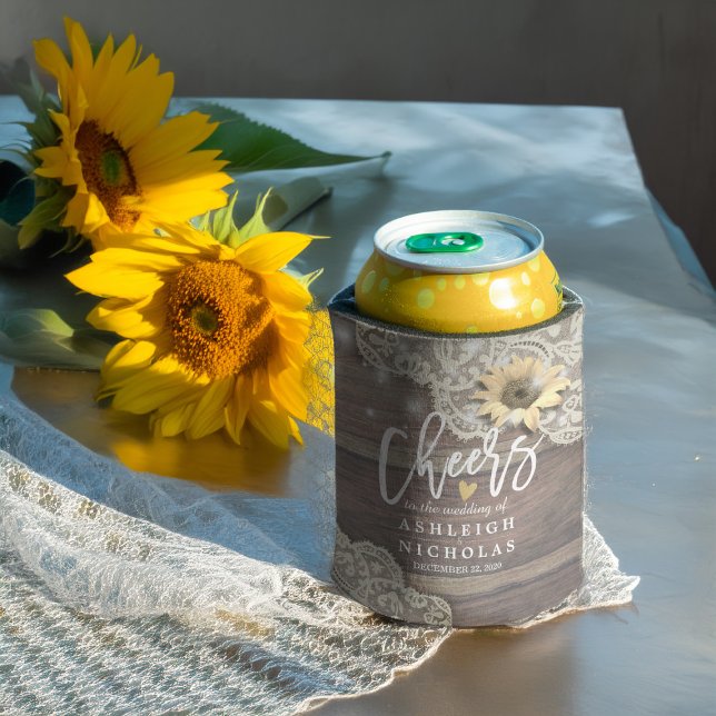 Wedding Cheers to Love Wood Lace Sunflowers Lights Can Cooler (Creator Uploaded)