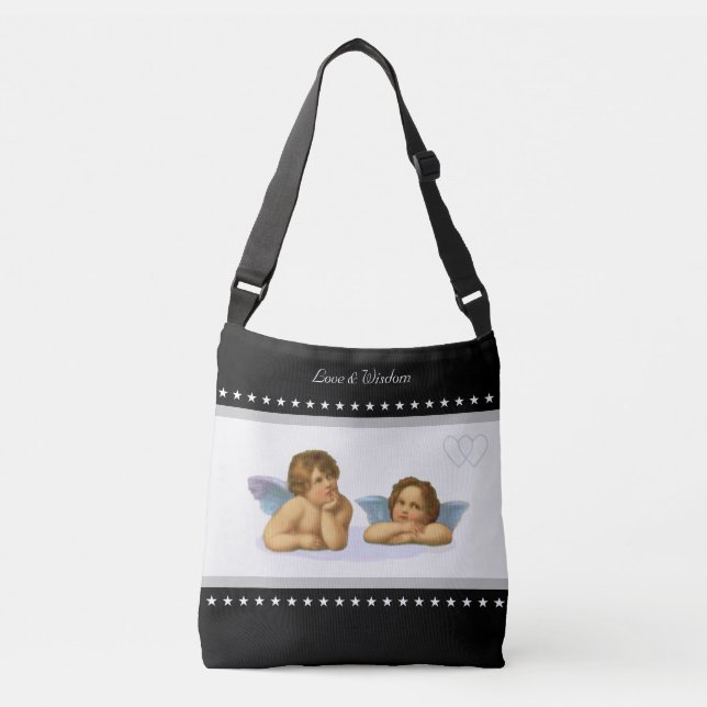 Wedding Cherubs, Hearts & Stars on Black and White Crossbody Bag (Front)