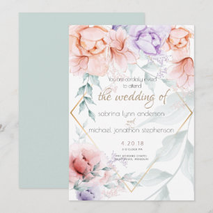 Wedding  Chic Trendy Coral and Lilac Aquarelle Invitation