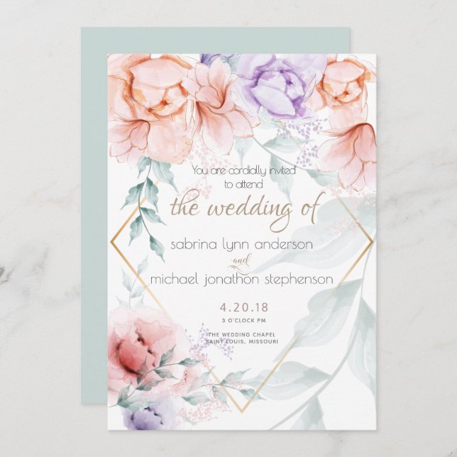 Wedding |Chic Trendy Coral and Lilac Aquarelle Invitation (Front/Back)