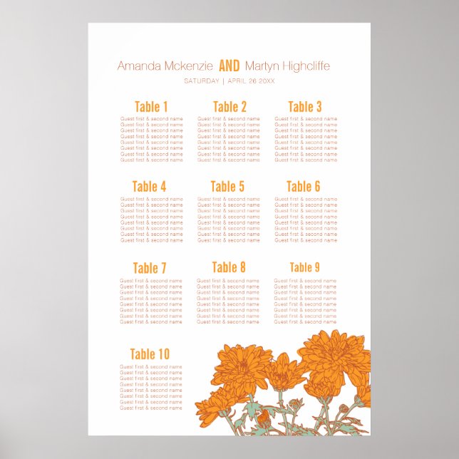 Wedding chrysanthemum orange flower art table plan poster (Front)