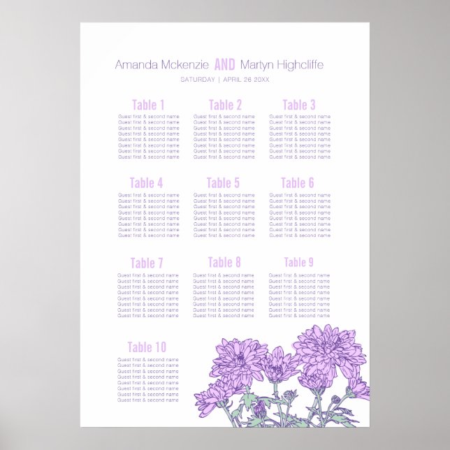 Wedding chrysanthemum purple flower art table plan poster (Front)