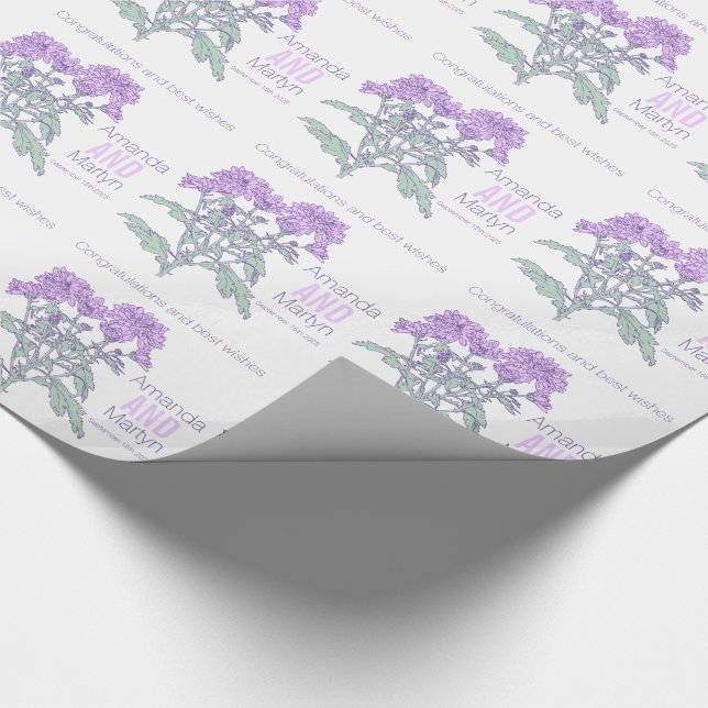 Wedding chrysanthemum purple name date wrap wrapping paper (Corner)