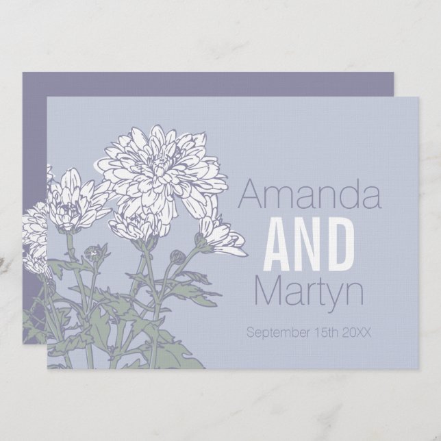 Wedding chrysanthemum white flower on grey wedding invitation (Front/Back)