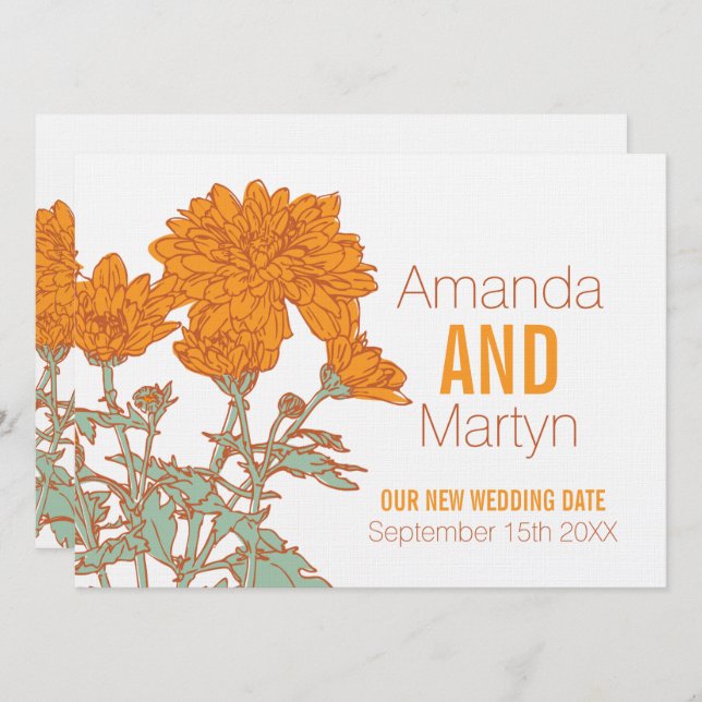 Wedding chrysanthemum white orange rescheduled invitation (Front/Back)
