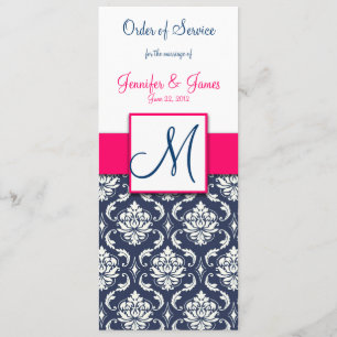Wedding Church Program Hot Pink Navy Blue Damask