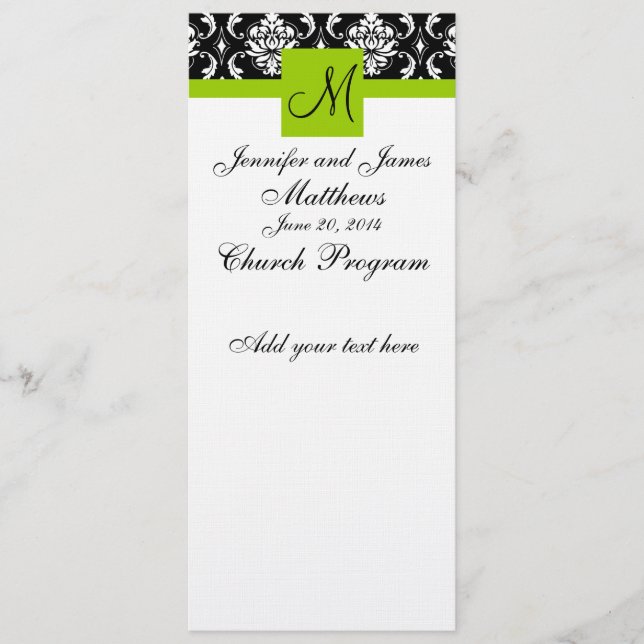 Wedding Church Program Monogram Damask Green (Front)