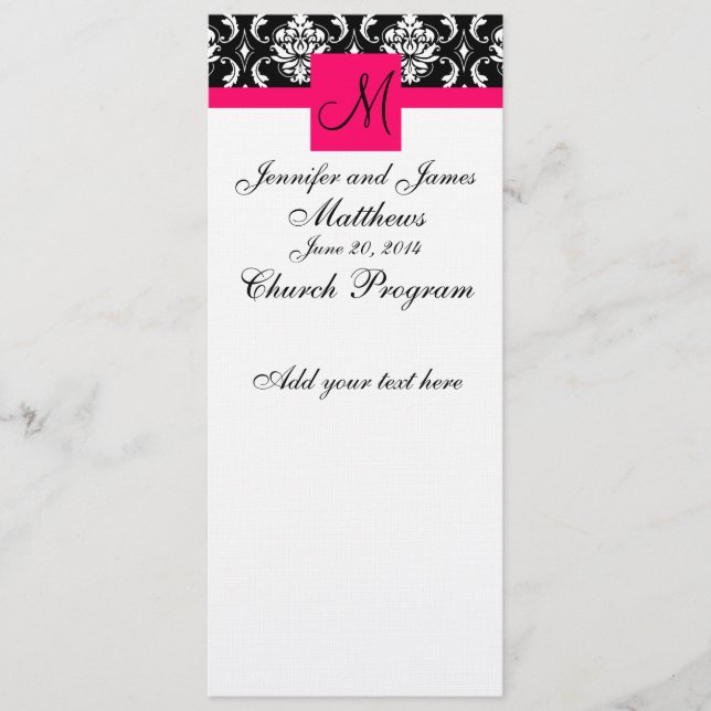 Wedding Church Program Monogram Damask Hot Pink (Front)