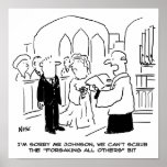 Wedding Church Service Vicar Can't Scrub Vows Poster<br><div class="desc">At a wedding ceremony the vicar tells the bridegroom that he can't scrub the part about "forsaking all others". Funny wedding cartoon.</div>