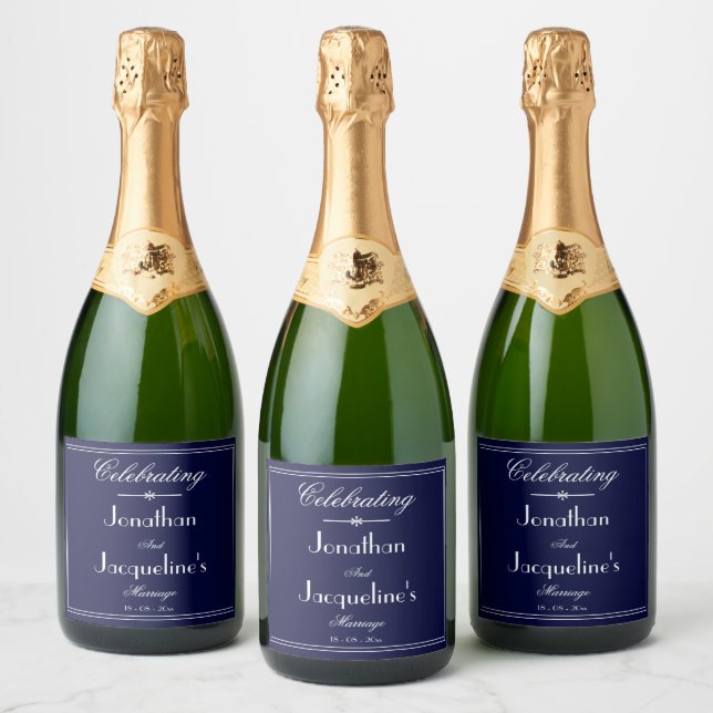   Wedding Classic Elegant Navy Blue Personalised Sparkling Wine Label (Bottles)