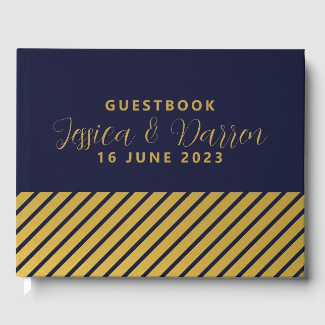 Wedding Classy Navy Gold Foil Stripes Guestbook (Front)