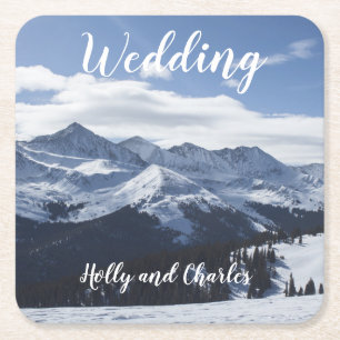 Wedding Coaster. Atmospheric Snowy Mountains Square Paper Coaster