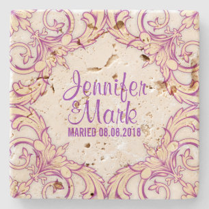 Wedding Coaster Beige & Purple Floral Frame