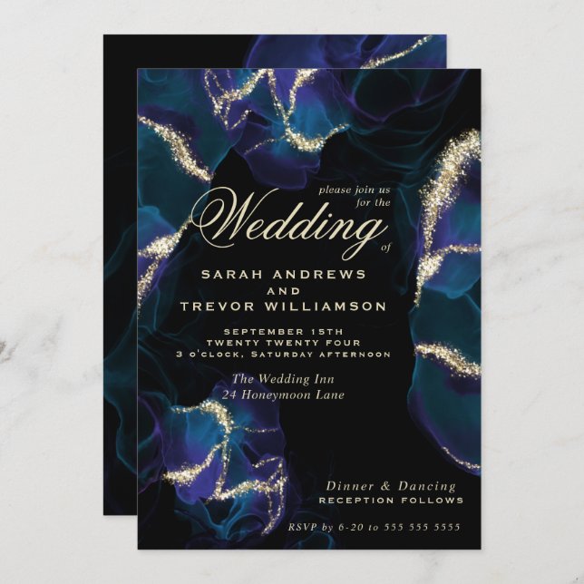 Wedding |  Cobalt Blue Purple Alcohol Ink Invitation (Front/Back)