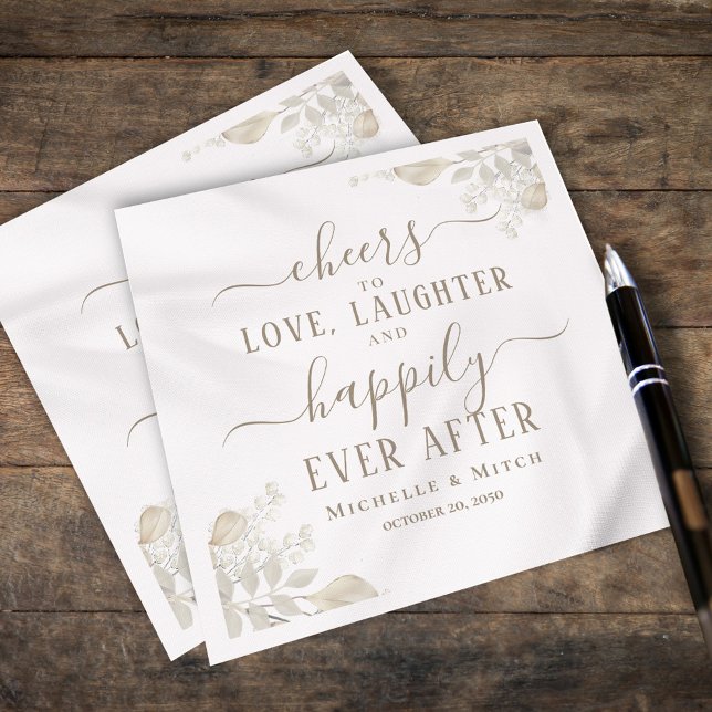 Wedding Cocktail Cheers Typography Sage Greenery Napkin (Cheers to Love, Laughter, and Happily Ever After cocktail napkin,)