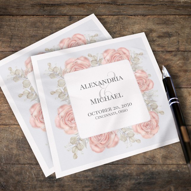 Wedding Cocktail Personalised Elegant Boho  Napkin (Custom wedding napkin with elegant blush pink roses and foliage. )