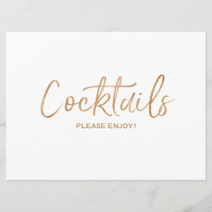 Wedding "Cocktails" Sign Stylish Gold Rose Invitation