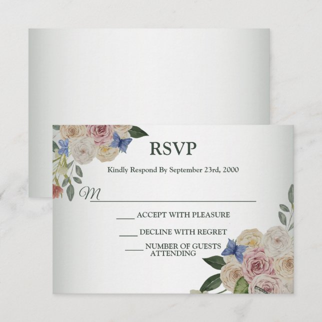 Wedding Colorful Floral Butterfly Green Wedding RSVP Card (Front/Back)