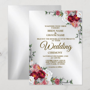 Wedding Colourful Red White Floral Silver Elegant Invitation