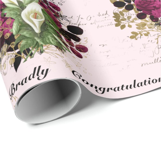 Wedding Congratulations Add Names Rose Ephemera Wrapping Paper (Roll Corner)