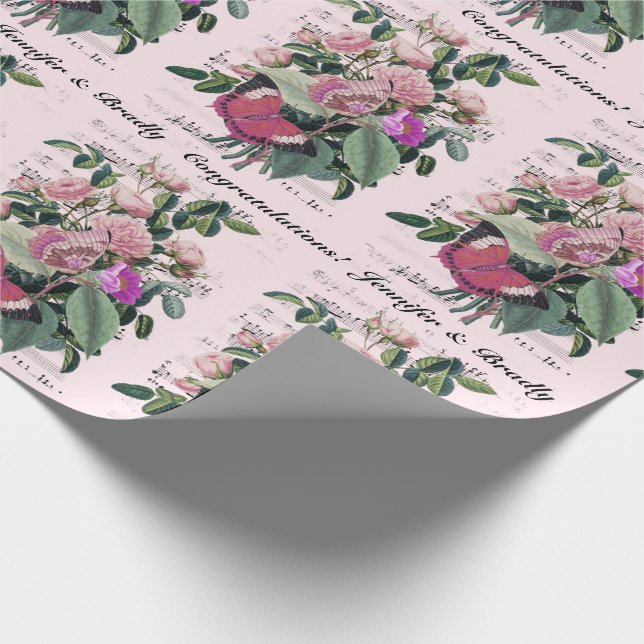 Wedding Congratulations Add Names Rose Ephemera Wrapping Paper (Corner)