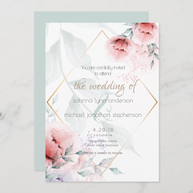 Wedding | Coral and Lilac Aquarelle Peonies Invitation (Front/Back)