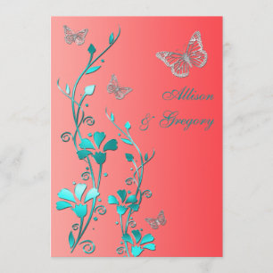 Wedding   Coral Aqua Grey   Floral   Butterflies Invitation
