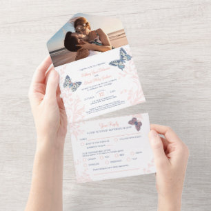 Wedding coral blue ink butterflies photo meal RSVP All In One Invitation