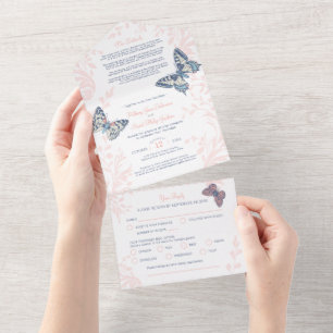 Wedding coral butterflies details & meal RSVP All In One Invitation