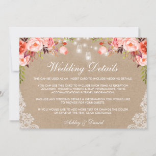 Wedding Coral Jar Lights Lace Details Kraft Insert Card