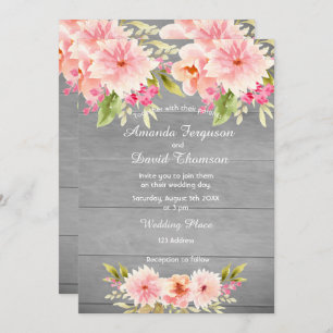 Wedding coral peach dahlia flowers rustic wall invitation