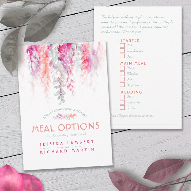 Wedding coral pink flower cascade meal options enclosure card (Creator Uploaded)