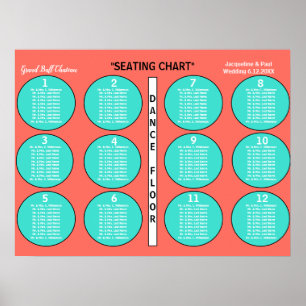 Wedding Coral Turquoise 12 Table Seating Chart