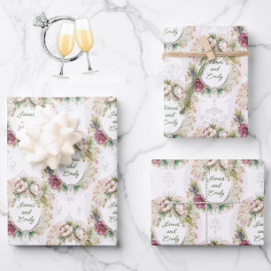 Wedding Country Rose Personalise Names Damask 3 Wrapping Paper Sheet