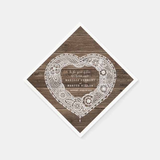 Wedding country rustic wood and lace heart napkins (Corner)