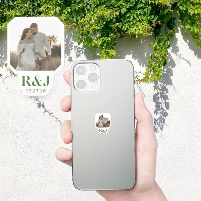 Wedding Couple Add Photo Green Monogram (Wedding Couple Add Photo Green Monogram Sticker)